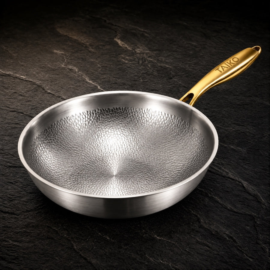 Pure Safe Titanium Flat-Bottom Wok Pan on a dark slate background