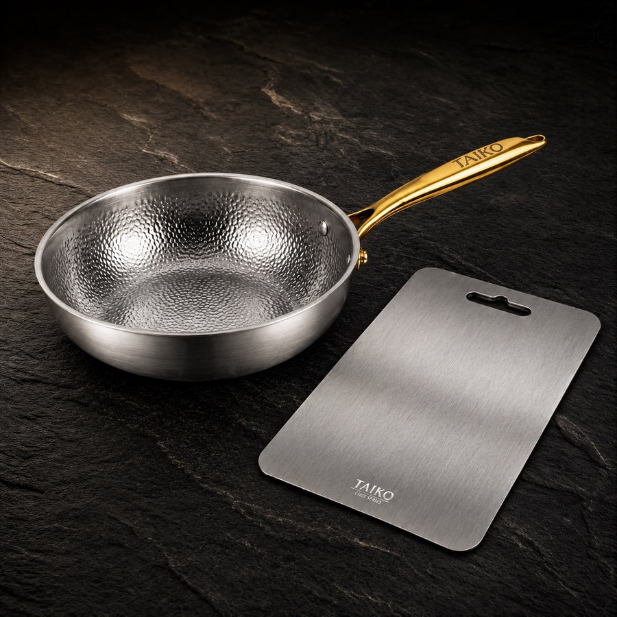 Pure Safe Titanium Cooking & Cutting Set on a dark slate background