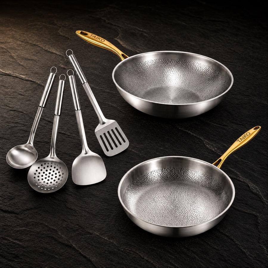 Titanium Essential Duo: 2 SafeCook Pans & Utensils Set on a dark slate background