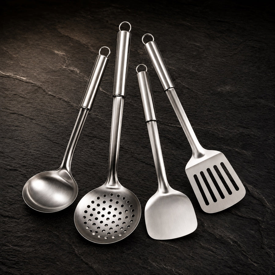 Pure Safe Titanium Cooking Utensils (SET) on a dark slate background