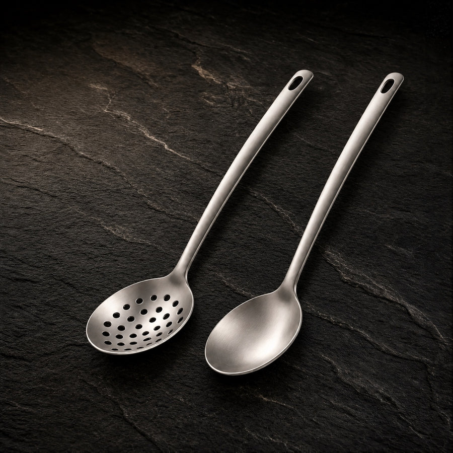 Titanium Durable Soup Spoons Set on a dark slate background