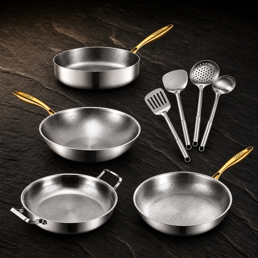 Family Feast Pro Bundle – 4 Pans + Utensils on a dark slate background