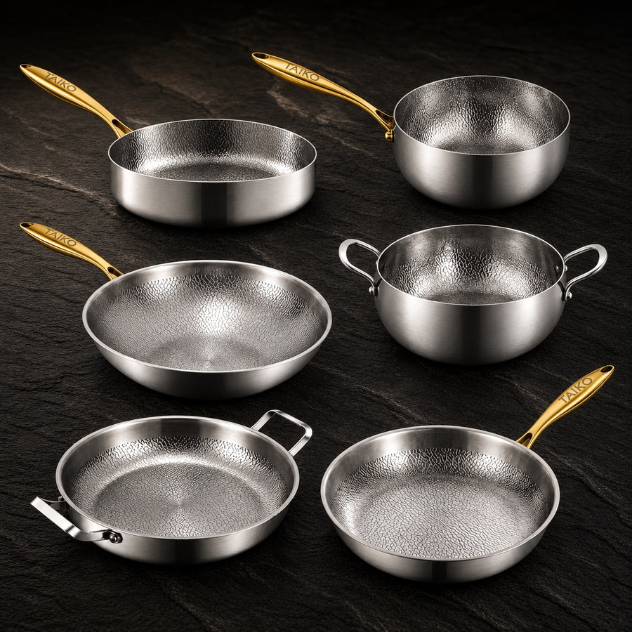 Titanium Complete Cookware Bundle on a dark slate background