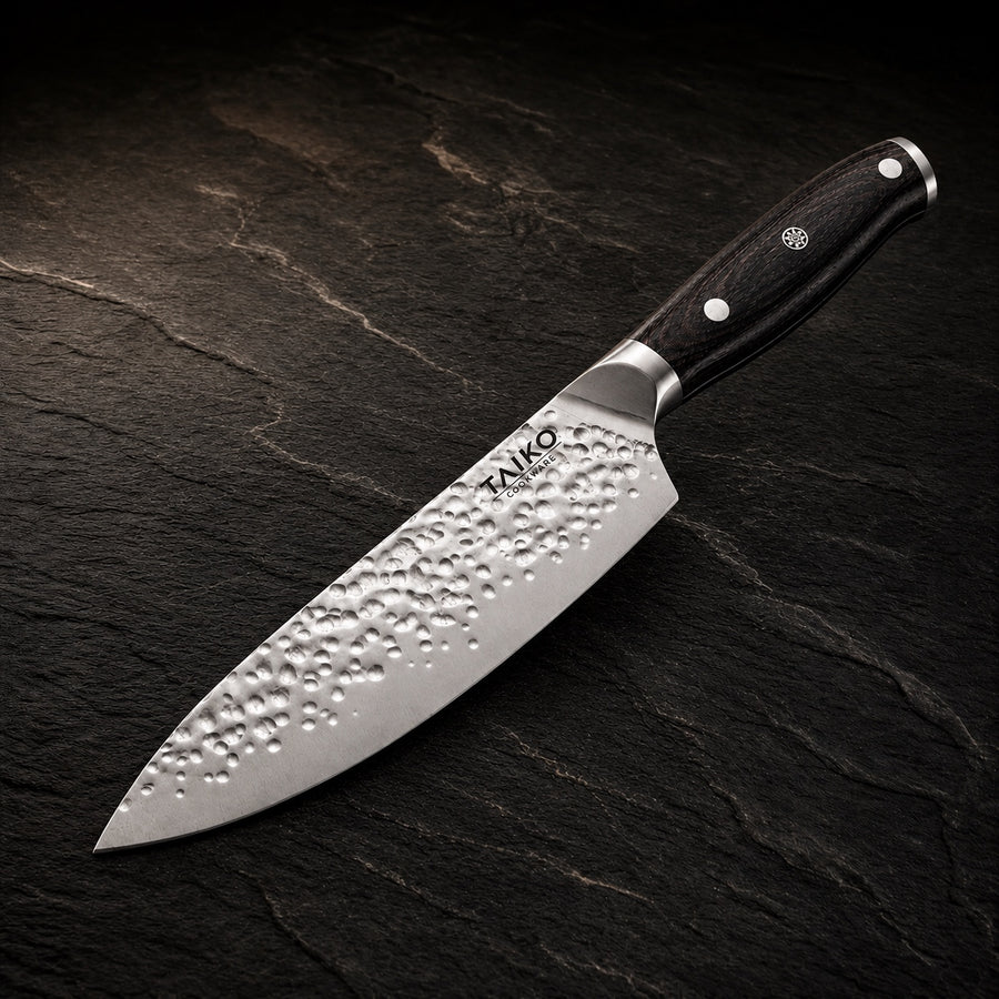 Japanese Hammered Chef Knife – 7.9 inch (20 cm) on a dark slate background