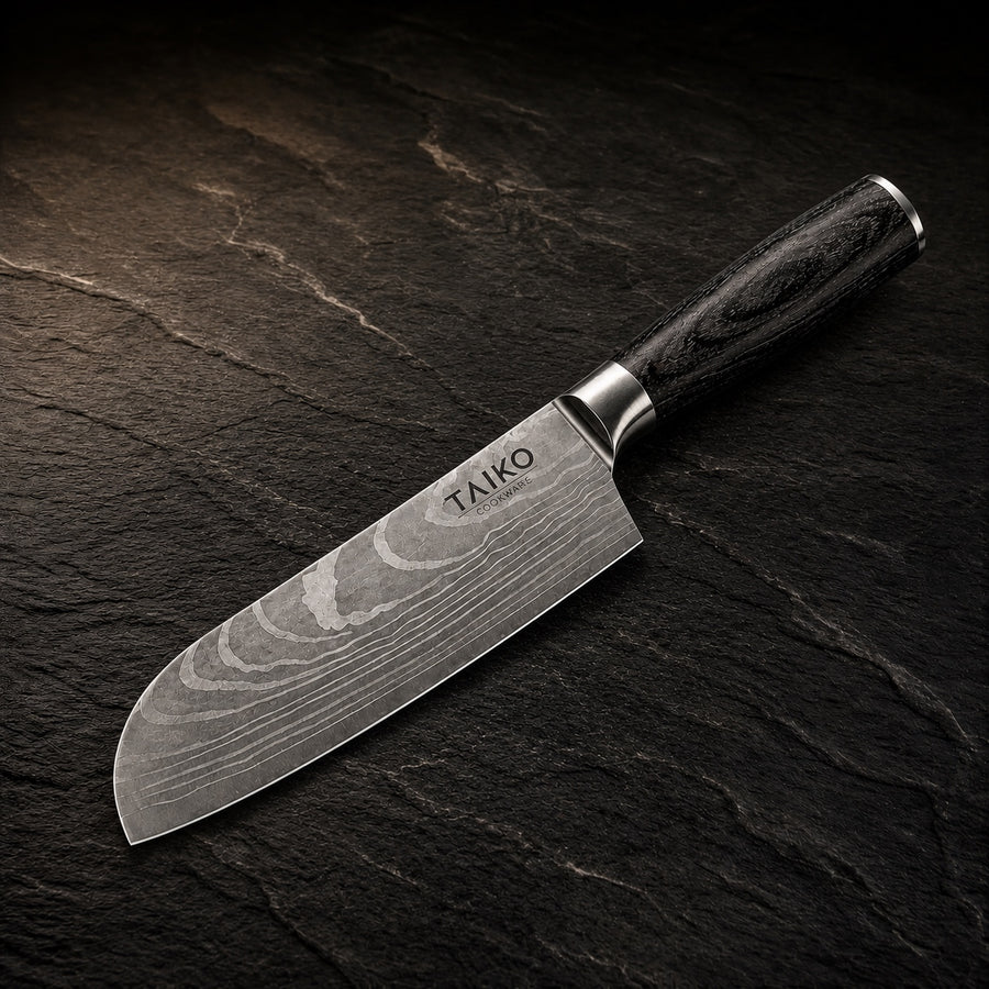 Japanese-Style Compact Santoku Knife –  5.1 inch (13 cm) on a dark slate background