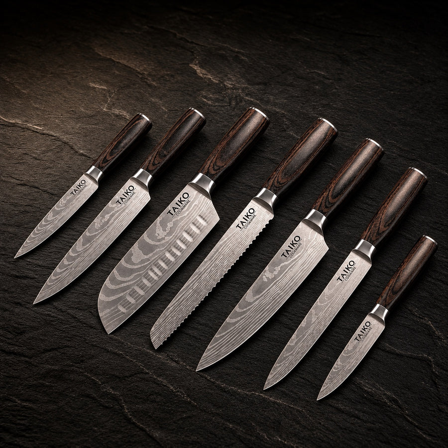 7-Piece Japanese-Style Precision Knife Set – Master Collection on a dark slate background