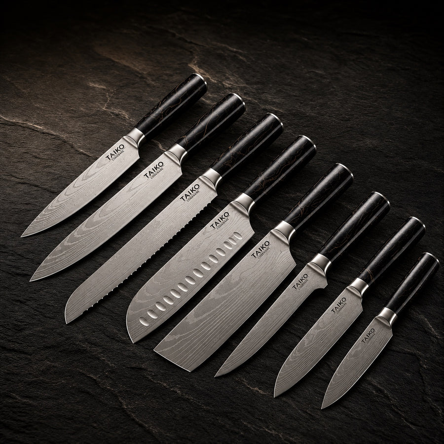 8-Piece Premium Japanese Damascus Knife Set on a dark slate background