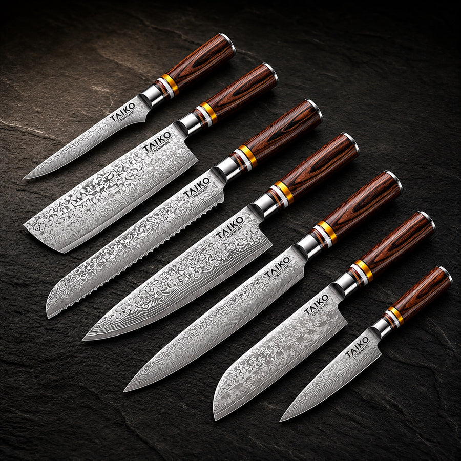7-Piece Japanese Damascus Knife Set on a dark slate background