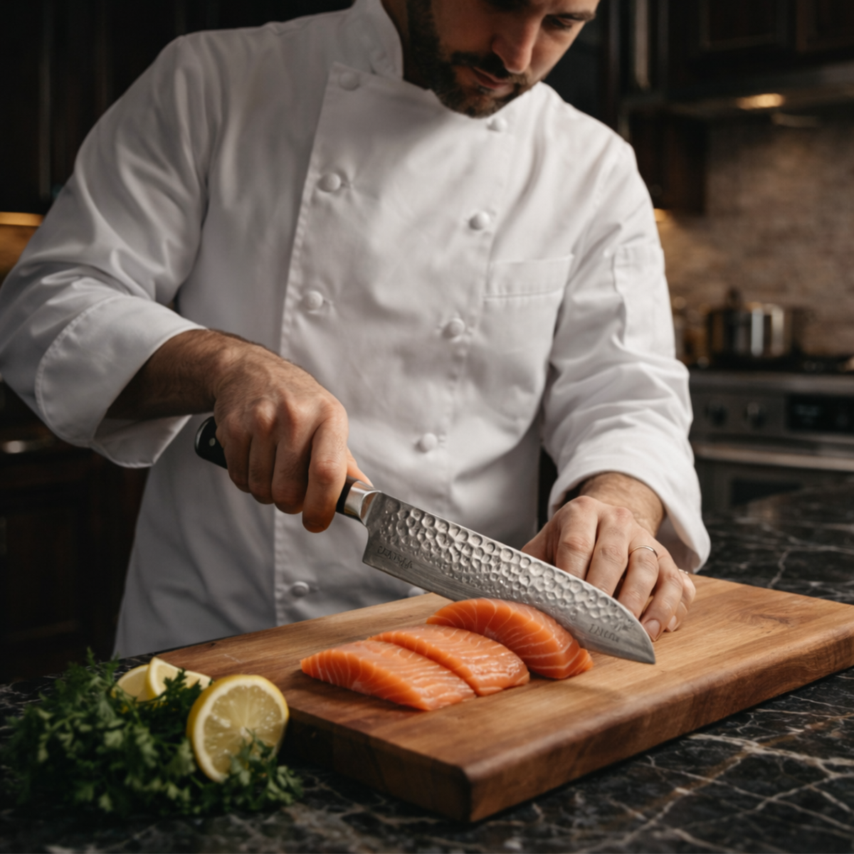 TakumiForge Japanese Hammered Santoku Knife- 7.1 inches (18 cm)