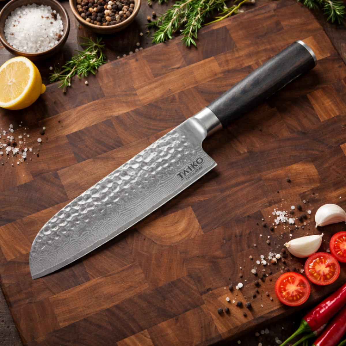 TakumiForge Japanese Hammered Santoku Knife- 7.1 inches (18 cm)